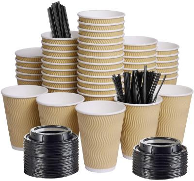 China Recyclable high quality corrugated paper cup for hot and cold drinks with lids and coffee stirrer for sale