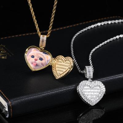 China Men Hip Hop Jewelry Environmental Friendly Gold Plated Cubic Zirconia Heart Pendant Custom Photo Pendant Necklace for sale