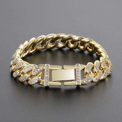 China Gold Environmental Friendly Male Hip Hop Zircon Bracelet Ice Luxury Cuban Chain Bracelet for sale