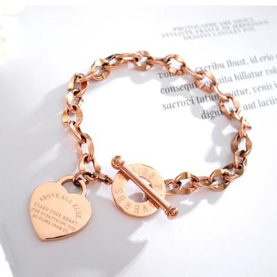 China Hiphop Fashion Jewelry Ladies Rose Gold Plated Stainless Steel Heart Shaped Bracelet for sale