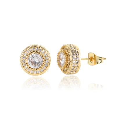 China Wholesale Hiphop Mens Stud Earrings Jewelry Bling Gold Plated CZ Round Zircon Diamond Stud Earrings for sale