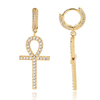 China Hiphop Bling Hip Hop Gold Iced Out CZ Zircon Circle Drop Earring Women Ankh Earrings Jewelry for sale