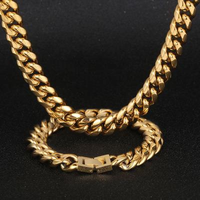 China Environmental Friendly 12mm Hip Hop Cuban Link Chain Necklace Men 18k Gold Plated Stainless Steel Cuban for sale