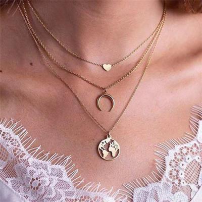 China Fashionable Simple Heart Circle Pendant Necklace Women's Multi Layer Clavicle Collar Necklace Environmentally Friendly Map for sale