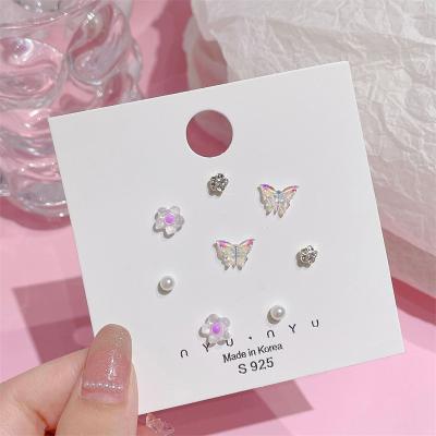 China Environmental Friendly S925 Sterling Silver Needle Color Butterfly Earrings Set Simple Flower Earrings Sweet Korean Jewelry for sale