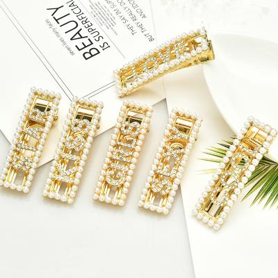 China Korean Hollow Rectangular Hair Accessory KISS LOVE SEXY COOL GIRLS STAR Letter Rhinestone Pearl Hairpin Side Clip Women Hair Accessory for sale