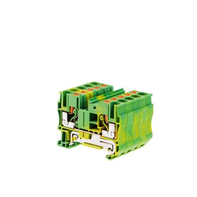 China Din rail PE terminal block ground spring feed through connection depress the A.W.G. Screwless Wire Conductor PT6-PE 20-8 for sale