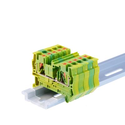 China Din rail ground terminal block PT-4PE spring feed through connection depress the A.W.G. PT4-PE wire conductor 20-10 for sale