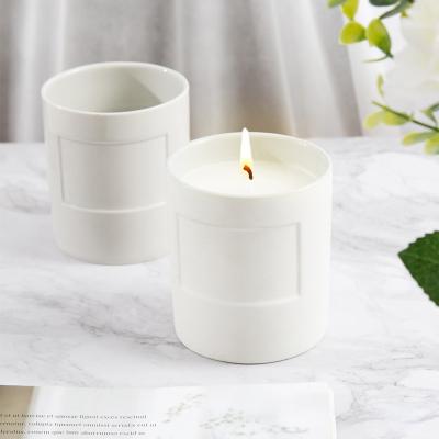 China Home Decoration Customize Logo White Luxury Matte Black Porcelain Candle Ships And Box Empty Ceramic Candle Jars Candle Containers With Print for sale