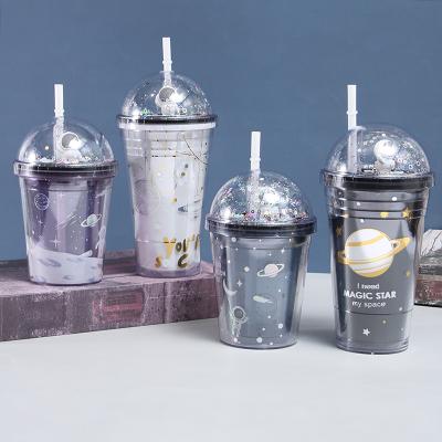 China Creative Broken Ice Starry Sky Astronaut Microscape Cartoon Planet Refrigeration Double-Layer Caliber DOUBLE WALL Plastic Mug for sale