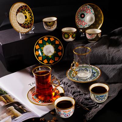 China Viable Custom Arabic Style Afternoon Tea Glass Coffee Cup Turkish Crystal Glasses Cups Ceramic Porcelain Cawa de Tazas Sets Set for Six for sale