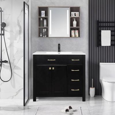 China Modern 36'' Black Bathroom Vanity Cabinet Modern MDF Cabinets 2 Doors And 3 Drawers Vanity Bathroom Modern for sale