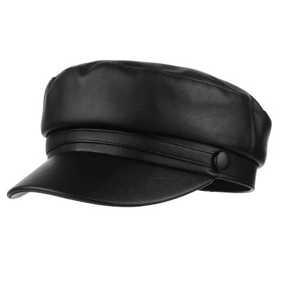 China Black Military Ladies Retro Fashion Pu Painter Hat Leather Beret Octagonal Autumn And Winter Hat for sale