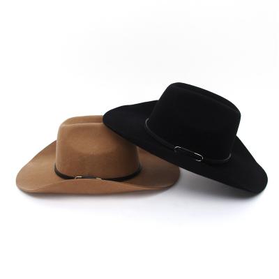 China Western Cowboy Plush Cowboy Western Women Jazz Hat Wool Hat Men Hats Wide Brim Panama With Leather Belt for sale