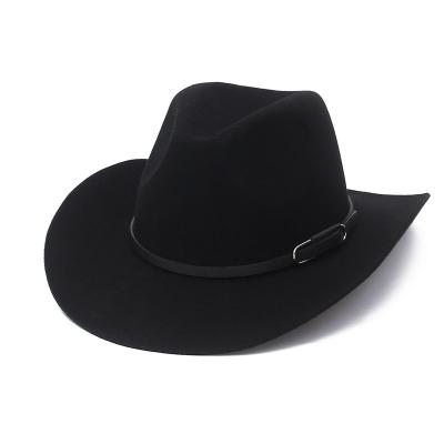 China 100% New Design Plush Black Cowboy Hats Women Men Wool Western Country Leather Belt Wide Brim Fedora Hats for sale