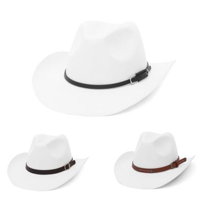 China White Plush Fashion Wool Hats Leather Belt Wide Brim Female Caps Western Cowboy Hats Jazz Cap for sale