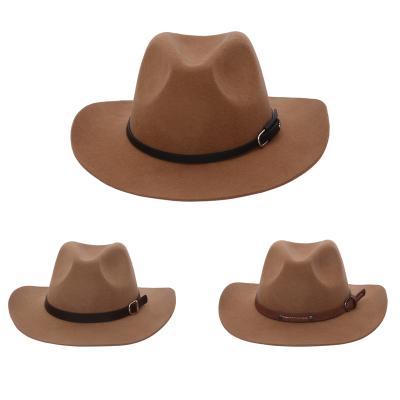 China High Quality Wide Brim Wool Plush Camel Western Cowboy Hat With Leather Belt Decor For Women Men for sale