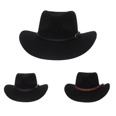 China New Plush Women Men Overflow Western Hats British Style Trilby Party Leather Belt Dress Woolen Cowboy Hat for sale