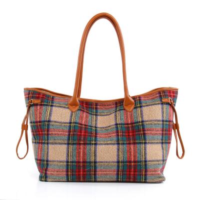 China Fashion Wholesale Woman Dress Plaid Giant Canvas Tote Bag for sale