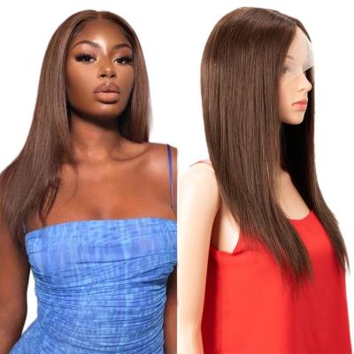 China Silky Straight Wave 4# Brown Color Pre Plucked With Brazilian Baby Hair Virgin Hair Long T-Part Straight HD Lace Front Wigs For Black Women for sale