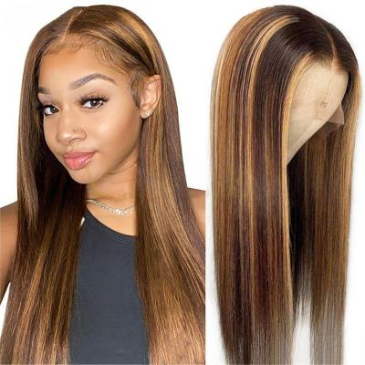 China Brazilian Body Wave 150% Density Virgin Pre-Plucked Hairline Silky Straight Hair Front Lace Wigss Highlights Color P4/27# Hair for sale