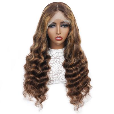 China BrazilianVirgin Preplucked Hair 150% Density Baby Hair Loose Deep Line Highlight Body Wave Hair Weave Front Lace Wigs Color P4/27 for sale