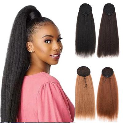 China Straight V-Tip Hair Yaki Drawstring Ponytail in Natural Black Brown Ombre for Synthetic Natural Color Women Hair Extensions 24inch for sale