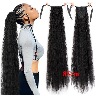 China Super Long V-Tip Hair Satin Wavy Curly Silky Tape Wrap Around Ponytail Hair Extension Heat Resistant Good Quality Synthetic Fiber for sale