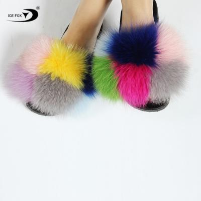 China Anti-Smell Indoor Durable Flat Ladies Real PVC Fox Fur Anti-Smell Slips Slippers Women Fur Slippers for sale