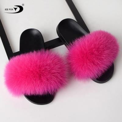 China Fashion Style Lady Fur Slides Colorful Summer Anti-odor Real Fox Fur Sandals Fur Flat Slippers For Women for sale