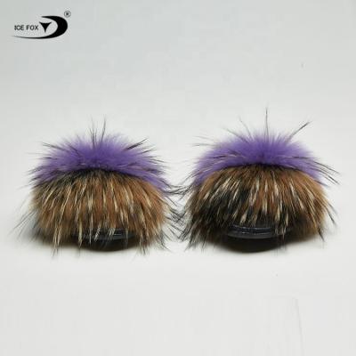 China Wholesale Anti-Smell Women's Soft Fur Slips Real Raccoon Fur Slippers Women Raccoon Fur Slippers for sale