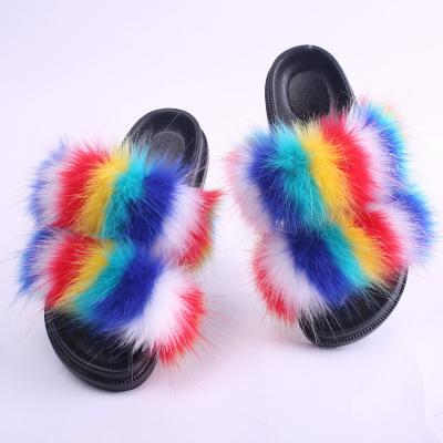 China Lady Female Faux Fur Slippers Anti-Smell Fox Fluffy Fur Slides Colorful Hairy Fluffy Fur Slides Slippers for sale