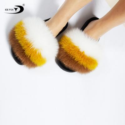 China Fashionable Multi Color Anti-Smell Girls Beach Real Fur Slippers Women Fox Fur Slides for sale