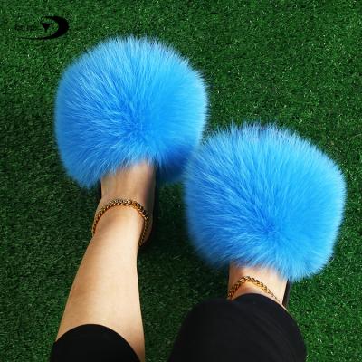 China 2021 Wholesale Anti-Smell Women Colorful Fox Fur Slides Genuine Fox Fur Slides Real Fur Slippers Slippers for sale