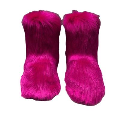 China 2020 Fashion Trend Stylish Furry Boots Snow Pink White Fluffy Fur Women Winter Warm Black Faux Fox Fur Cover Snow Boots for sale