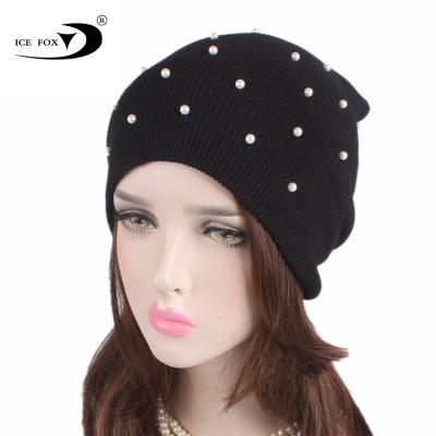 China JOINT Autumn New Style Pearl Gypsophila ladies pearl hat acrylic knitting head cap for sale