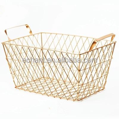 China Fruit Viable Single Food Rectangle Metal Wire Organizer Rose Gold Kitchen Pantry Bath Storage Organizer Bin Serving Basket for sale