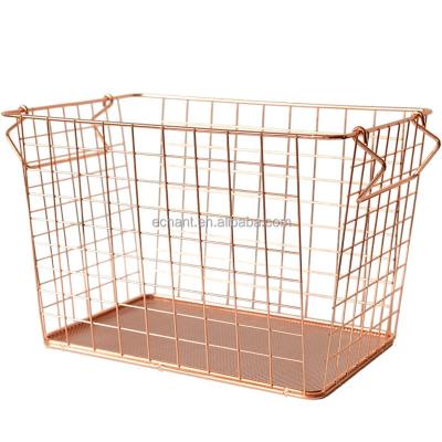 China Universal Cheap Sustainable Removable Metal Rose Gold Wire Picnic Fruit Laundry Bathroom Shelf Baby Storage Basket Organizer With Handle for sale