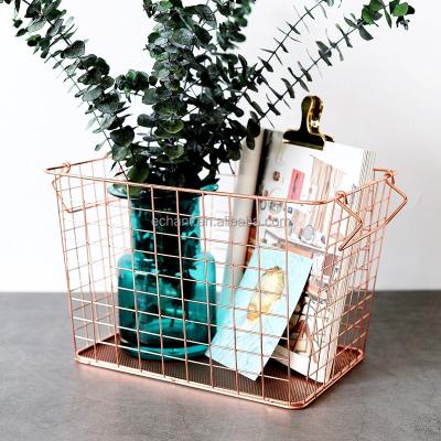 China Small Price Large Capacity Rectangle Rose Gold Copper Decor Wire Metal Fruit Toy Viable Laundry Storage Basket Rack for sale