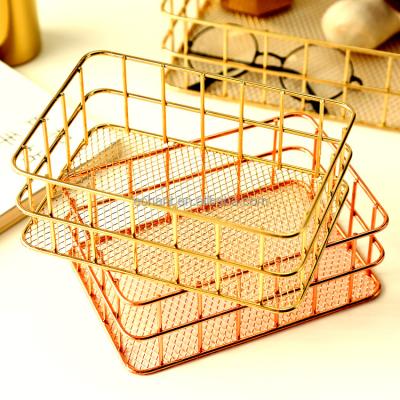 China Sustainable Medium Copper Rose Gold Metal Wire Mesh Basket Organizer For Office Bathroom Bedroom for sale