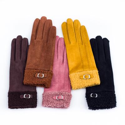 China Winter Plain Women's Suede Fabric Faux Teddy Fur Over Cuff Gloves Faux Suede Gloves for sale