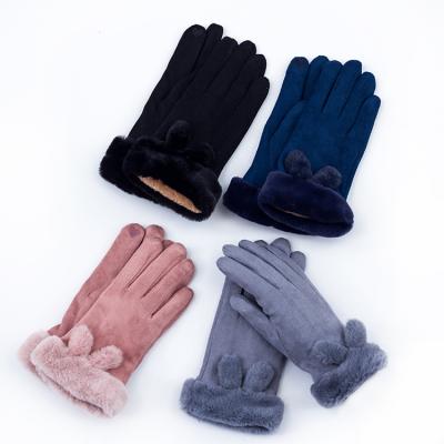 China Custom Plain China Fashion Faux Suede Thicken Warmth Gloves Plush Neckline Rabbit Ears Women's Winter Gloves for sale