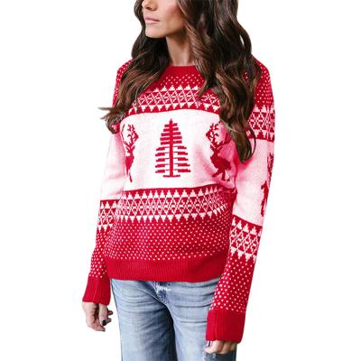 China Other Acrylic Winter Long Sleeve Crewneck Knitted Ugly Pattern Christmas Tree Elk Ladies Pullover Sweater for sale