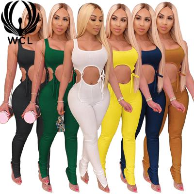 China Anti-Wrinkle Summer Biker Shorts Set Hollow Out Women Sleeveless Clothing Solid Two Piece Set for sale