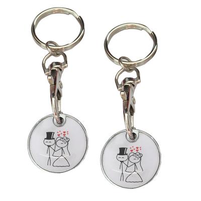 China Custom Metal Coin Keychain Promotion Trolley Key Chain Supermarket Token Coin With Printing And Epoxy for sale