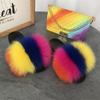 China Fashion Trend 2021Summer Fur Slides And Pures Set Fur Slipper With Matching Purse Fur Slippers Sets for sale