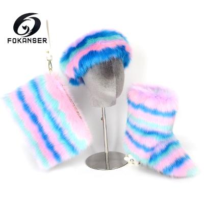 China Lightweight Cute Faux Fur Tassel Outdoor Winter Boots Set With Fur Headband Fur Boots Set Women for sale