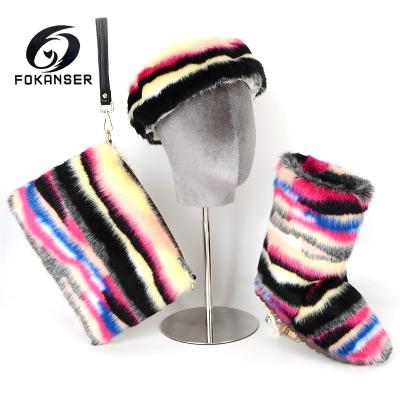 China Wholesale Fashionable Light Weight Kids Or Women Faux Fur Warm Fluffy Big Boots With Headband for sale