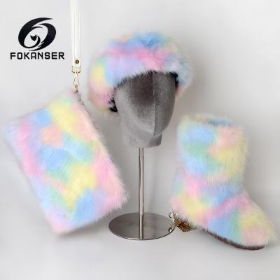 China Women Lightweight Faux Fur Fluffy Snow Boots With Matching Purse And Headband Winter Fur Boots for sale