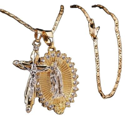 China Nickel Free Catholic Necklace 18k Gold Pendant Jesus Diamond Cross Virgin Mary Necklace for sale